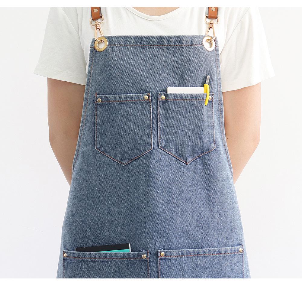 Washable Denim Apron: Durable Workwear for Coffee, Milk Tea, or Florist Shops with Custom Logo Option