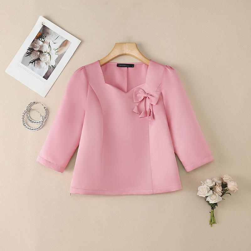 

ZANZEA Женская повседневная атласная блузка с круглым вырезом и рукавом 3/4, свободная S розовый