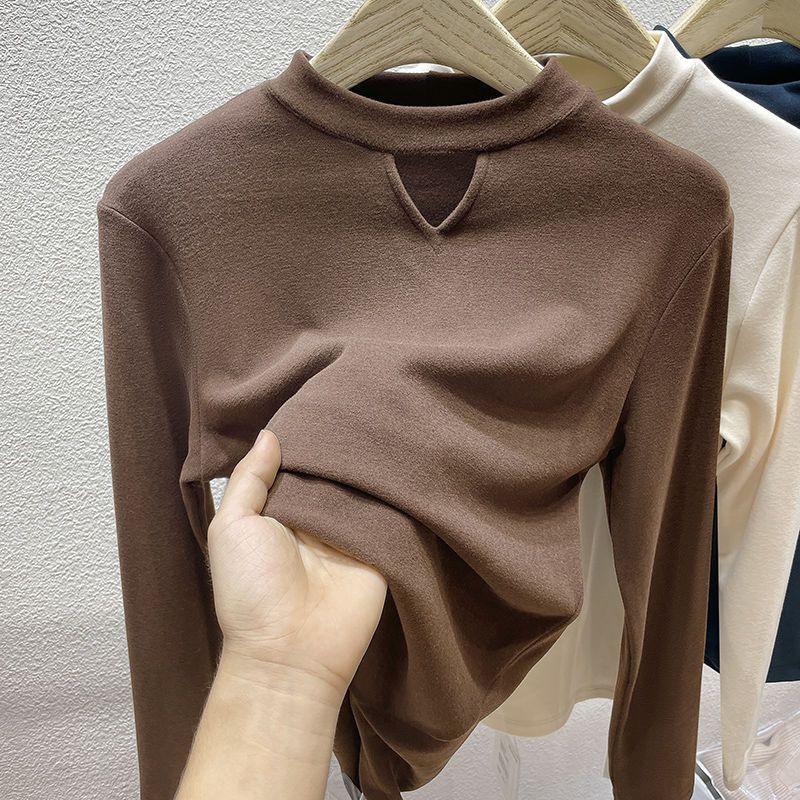 Semi-turtleneck Polished Double-sided German Velvet Bottoming Shirt for Women's Autumn and Winter New Hollow-out Inner Student Long-sleeved T-shirt