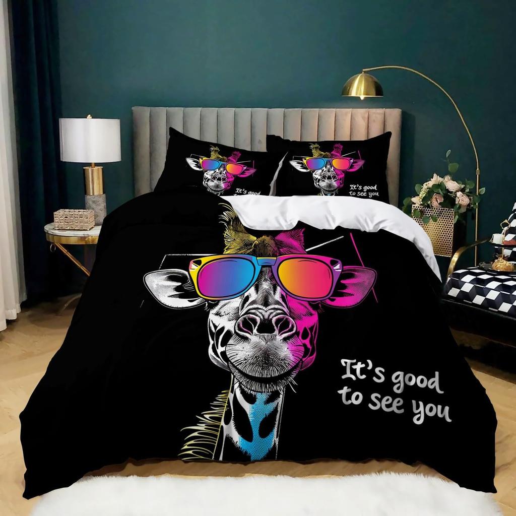Animal Giraffe Printed Double Duvet Cover Set 2Pcs With Zipper Cartoon Animals Soft Microfiber Single Quilt Cover Bedding Sets