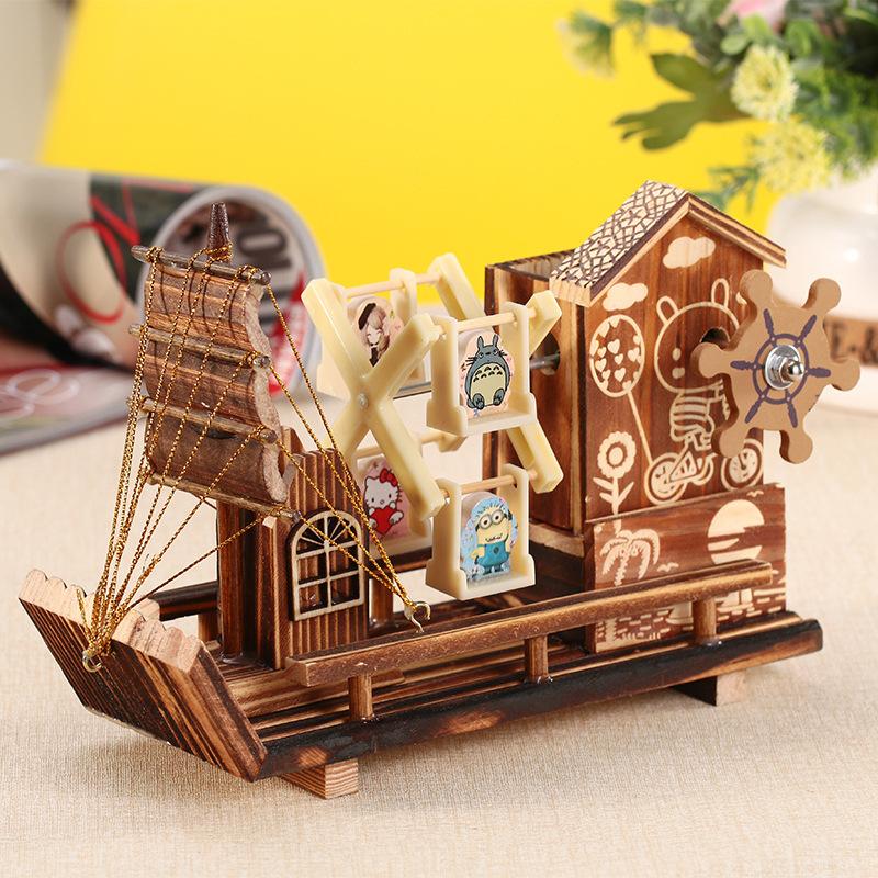 Cabin Windmill Sailboat Rotating Music Box Creative Wooden Pen Holder Student Birthday Gift