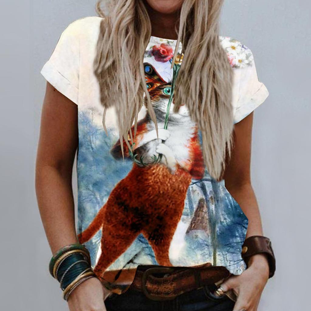 Sommer Rund Hals 3D Kattetrykk Topp Moteabel Casual Kort Ermet Dame T-skjorter