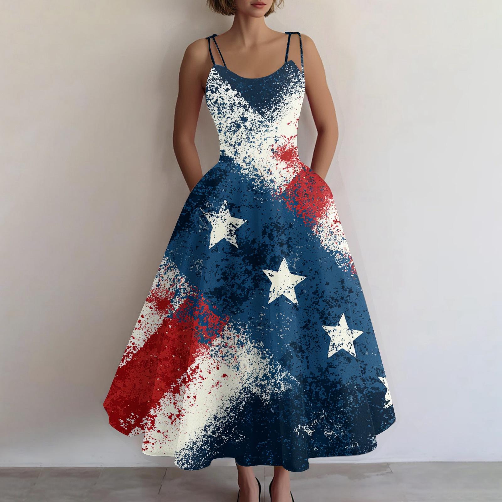 

Women s Casual Fashion Independence Day Print Off-Shoulder Sleeveless Dress XL білий