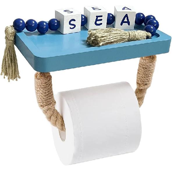 Farmhouse Toilet Paper Holder with Shelf Large, Nautical Rustic Rope for Beach Farmhouse Bathroom Decor Toilet Paper Roll Holder, Wood Bathroom
