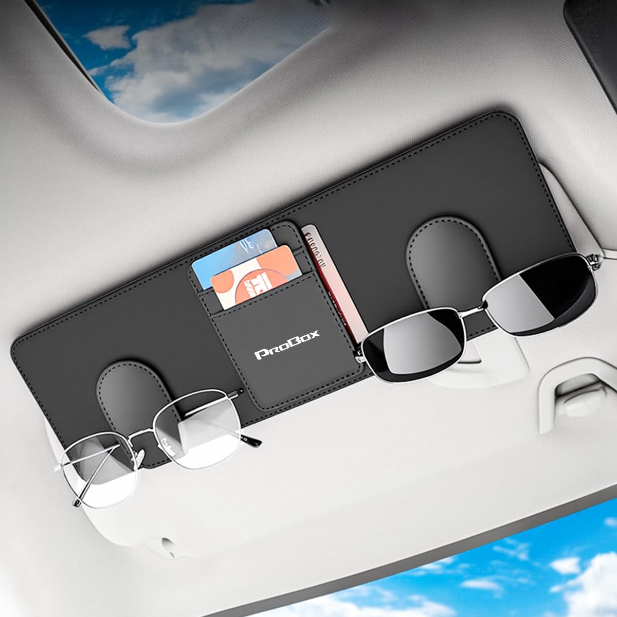

Probox Car Sunglasses Holder with 2 Glasses Clips and 3 Card Pockets Attaches to Sun Visor Compatible with PROBOX 50 160 165 Series G and F Securely чёрный