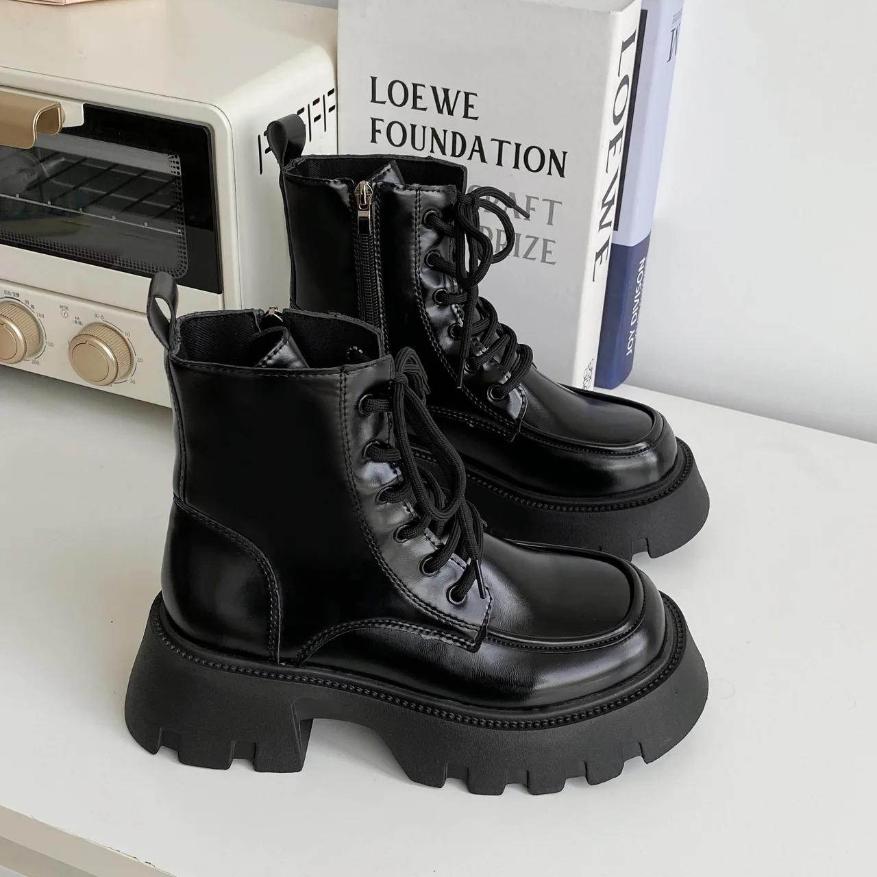 

Модные ретро винно-красные ботильоны на толстой подошве и массивном каблуке для женщин, весна-осень, лакированная кожа, на шнуровке, женские, в стиле вестерн, ковбойские, короткие боты 35