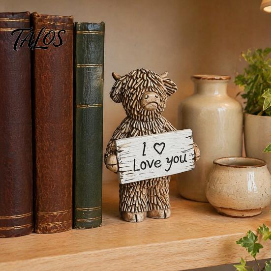 Lifelike Highland Cow Decor Desktop Ornament, Heartwarming Animal Figurine, Resin Gifts for Lovers Statue with Confession Sign Home Office Desk