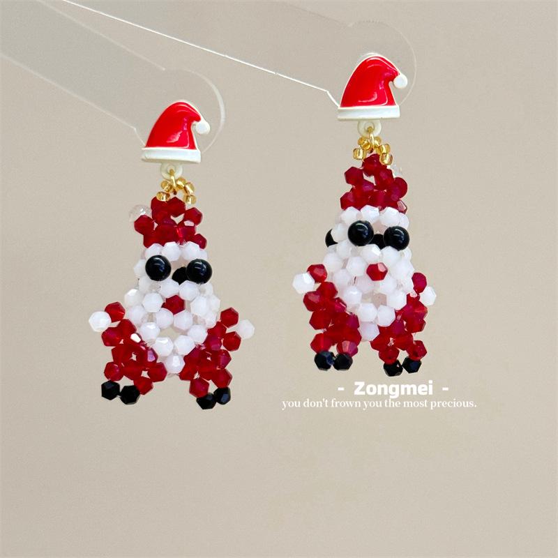 3D Christmas Tree Earrings with Red Bow - Heavy Beaded Crystal Ear Clips, Hand-Woven Holiday Accessories