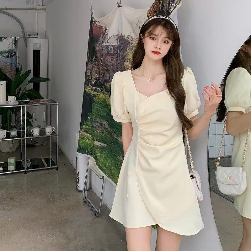 Summer Short Dress Solid Color Square Neck Waist Thin Bubble Sleeve Irregular Pleated Short Sleeve Dress