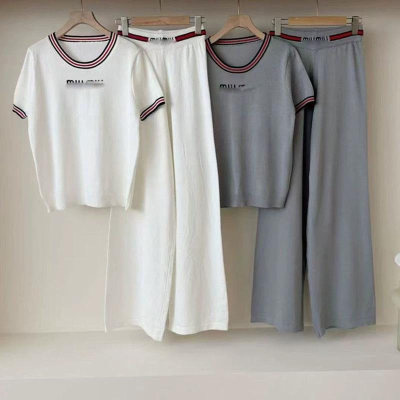 

Stylish Summer Two-Piece Set: Embroidered Color Block Short Sleeve Top & Wide-Leg Pants Large