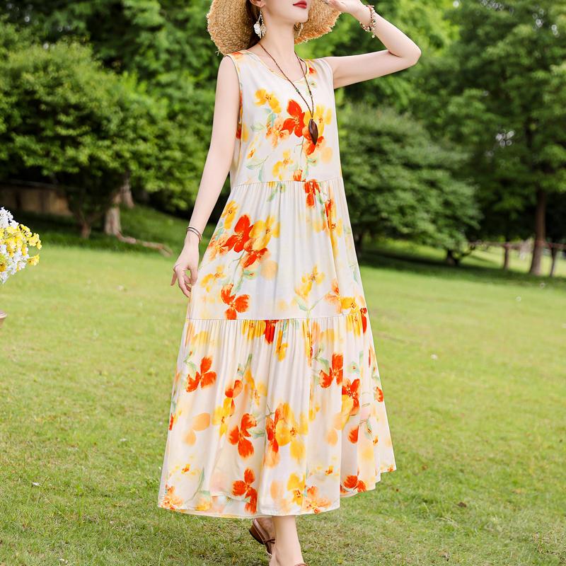 Elegant Sleeveless Dress for Women Plus Size Loose Vintage Print Long Dress Summer Middle-aged Women's Clothing