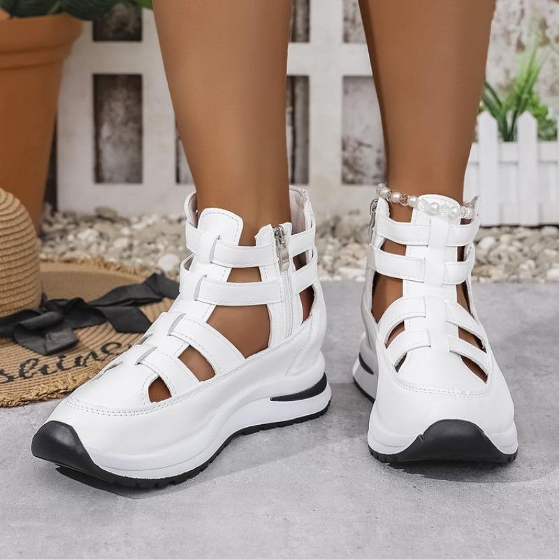 Large Size Thick Sole Heightened Wide Strip Hollow Sandals Summer New Round Head Casual Women's Shoes Emu