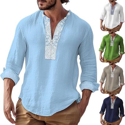 Men's Casual Cotton Linen Pattern Color Long Sleeve Shirts Neckline With Zipper Shirts Casual Daily Clothing