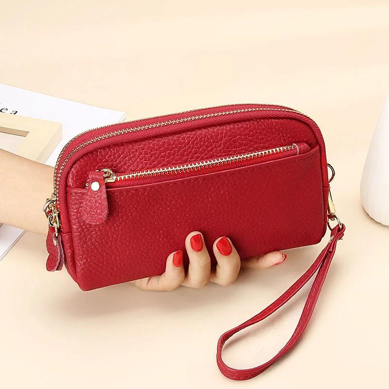 Genuine Leather Women Double Zip Wallet   Ladies Clutch Purse Cowhide Wristlet Bag Coin Purse Fashion Mobile Phone Bags