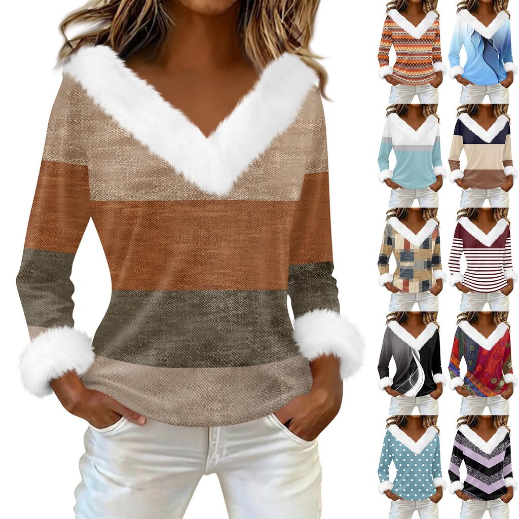 Damen T-Shirt Tee Print Shirt Langarm Party Fleece Kragen V-Ausschnitt Top