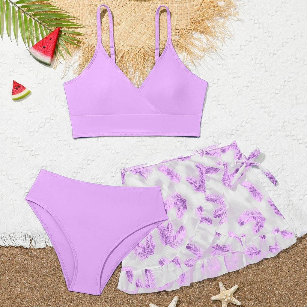 Girls Two Piece Swimsuit Set Adjustable Straps Bikini Top High Waist Bottom with Ruffle Skirt Cover Up Lightweight Swimwear for Kids