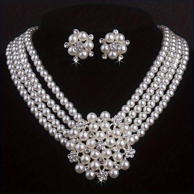 High End and Atmospheric Flower Necklace with A Pair of Earrings Set, 4-row Bead Necklace, Wedding Banquet, Evening Party, Engagement Jewelry