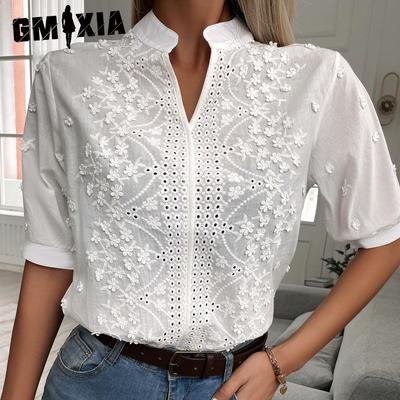 Camicette e camicie con scollo a V a maniche corte in pizzo ricamato estivo casual alla moda da donna