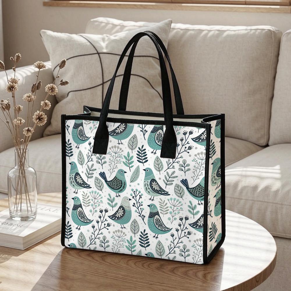 Cute Bird Print Canvas Tote Bag Stylish Reusable Daily Shopping Handbag