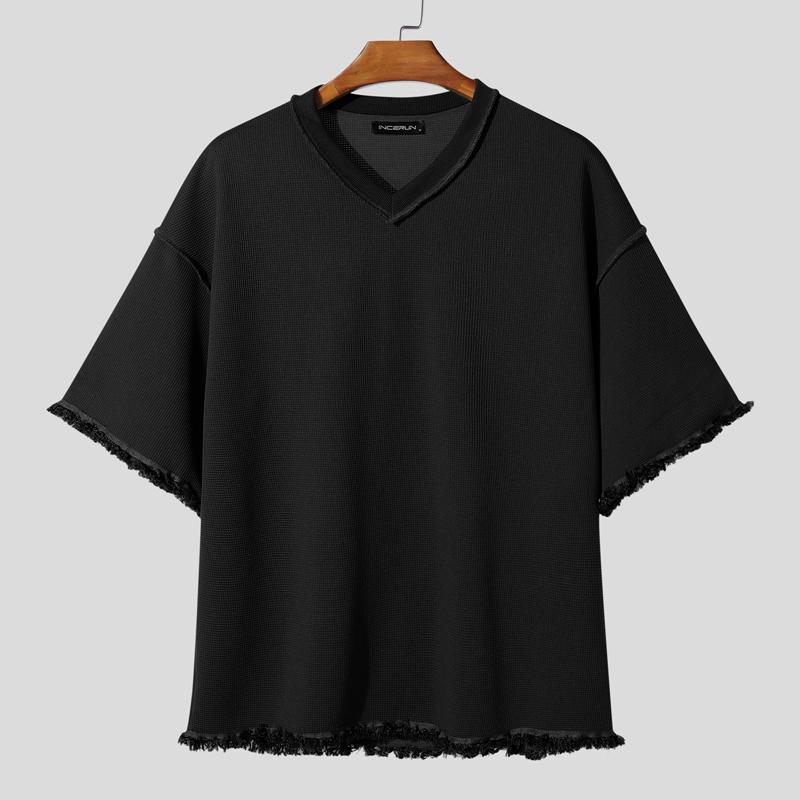 INCERUN Pánská nadměrná trička s texturou, s krátkým rukávem a výstřihem do V, ležérní volná