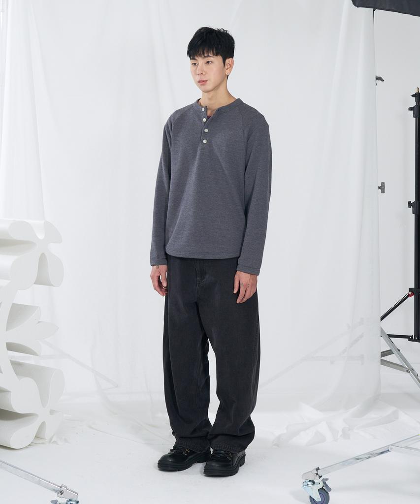 SLOWACID Curved Waffle Henley Neck [Charcoal]