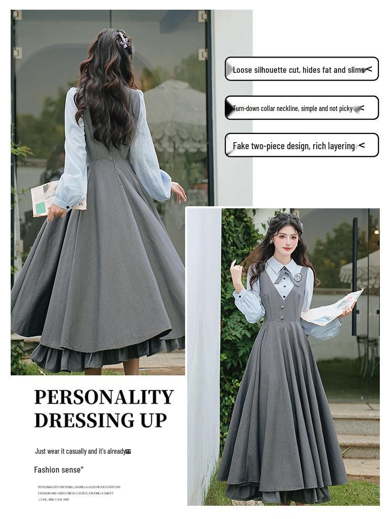 Retro Academy Style Doppellagiges Westenkleid mit Hemd mit Umlegekragen