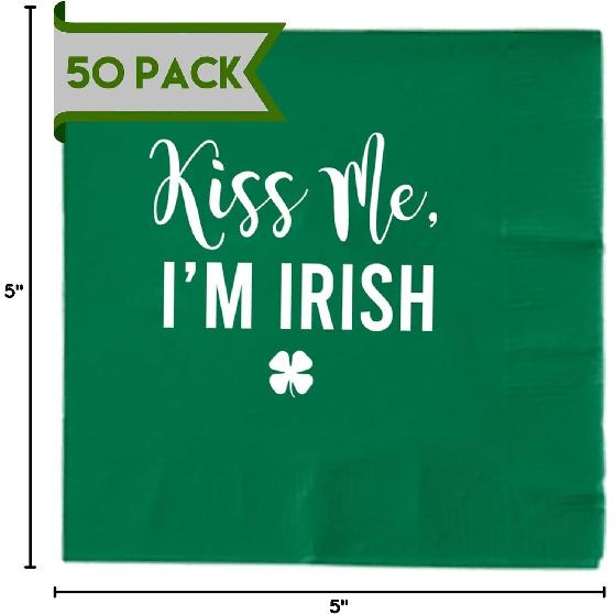 52 Pcs Kiss Me I'm Irish St Patricks Day Napk Paper - Green Shamrock Napk with Gold Foil for Dinner or Cocktail Parties - St. Patrick's Decorations