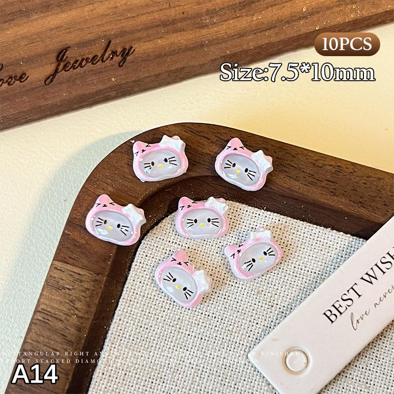10Pcs/Bag 3D Cartoon Hello Kitty Nail Charms Mixed Resin Kitty Cat With Bowknot Nail Art Decoration Kawaii Glittery Kt Nail Part