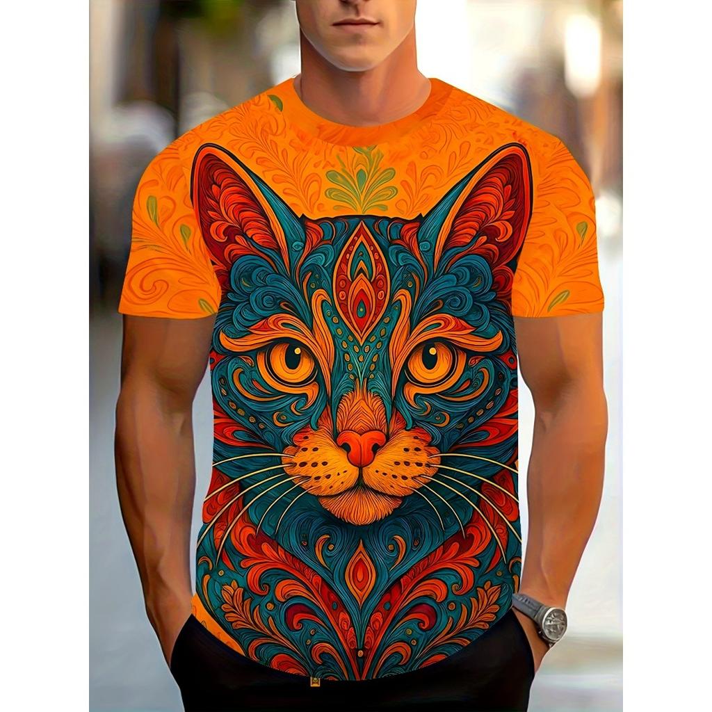 New Fun Cat Print Men's T-Shirt Street Trend Short Sleeve Versatile Men's T-Shirts Top