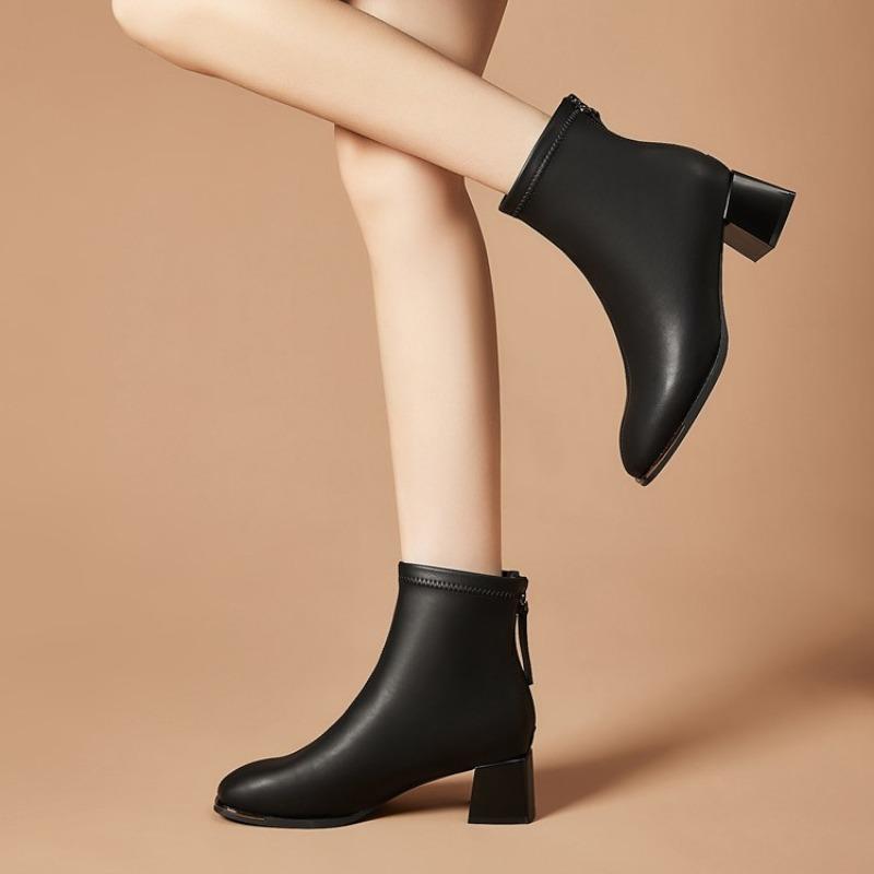 New Spring and Autumn Round Head Boots Women's Coarse Heel Soft Leather Medium Heel Boots Skinny Boots Autumn and Winter Women's Shoes Fashion Boots