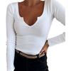 Spring and Summer Solid Color Pit Stripe Deep U-neck Top Long Sleeved Sexy Casual Fashion Women's T-shirts