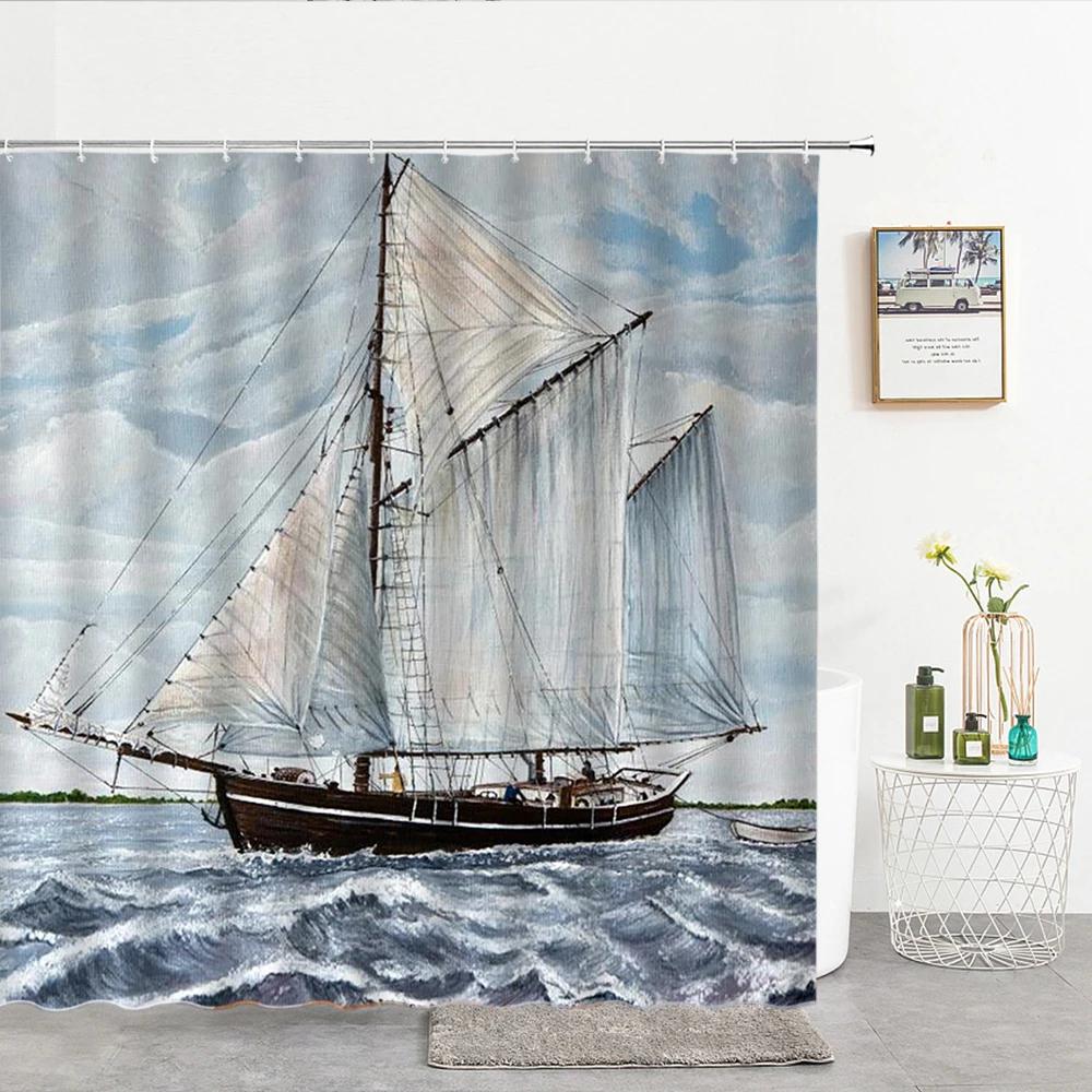 Sailboat Waterproof Bathroom Shower Curtains Sea Navigation Bath Curtains 3d Printing With Hooks 180*180cm Washable Cloth