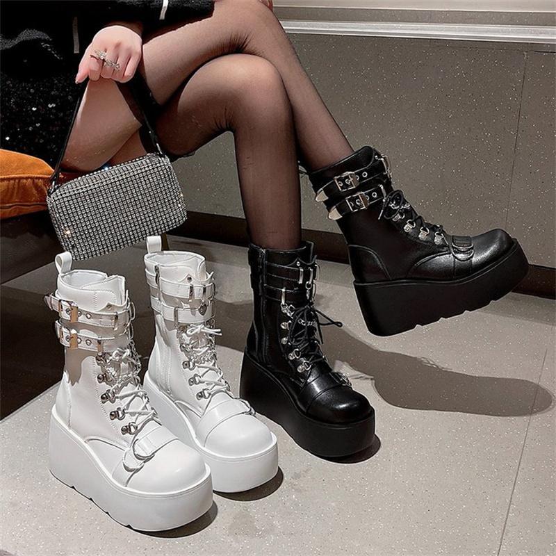 Punk Boots Women Matte Leather Platform Chunky Sneakers Autumn 9CM Wedge Heels Mid-Calf Boot Woman Winter Metal Motorcycle Boots