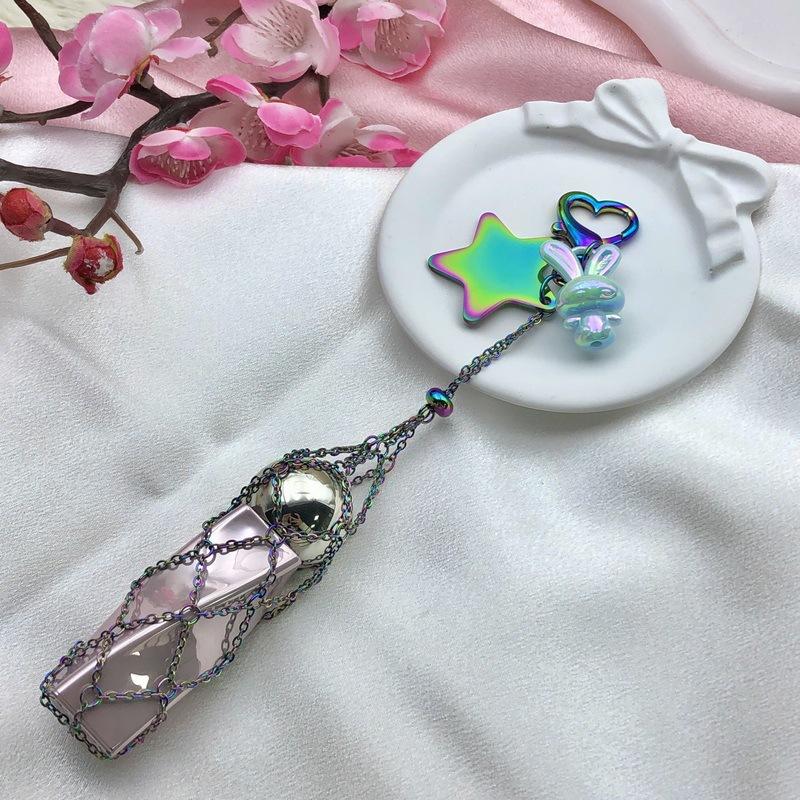 Custom Ins Colorful Stainless Steel Keychain Portable Lipstick Mesh Pocket Keyring Portable Folding Ladies Key Chain Ring Gift