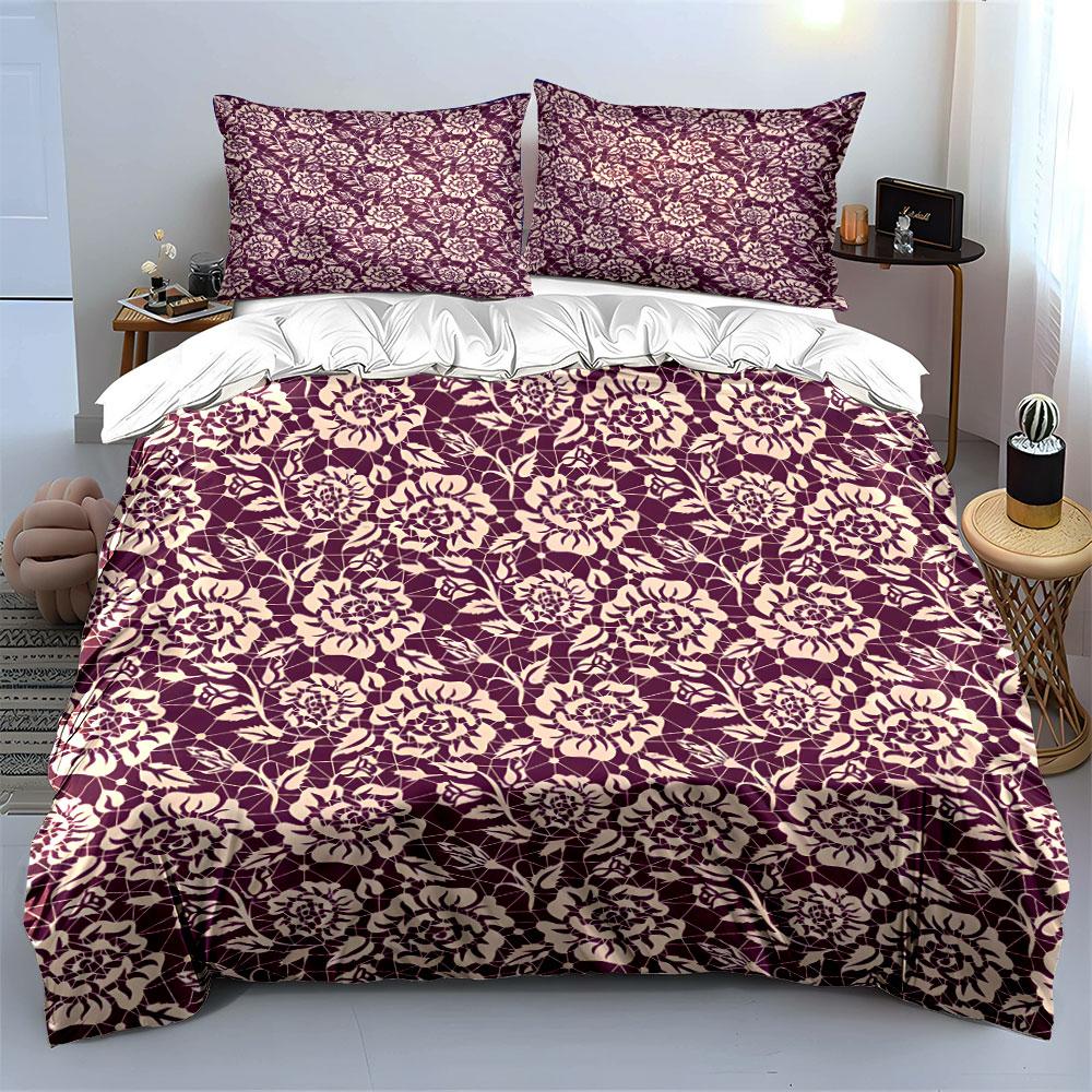 Purple Background With White Rose Print Bedding Set For Kids Luxury Gift 3Pcs Digital Print Comforter Set Soft Comfortable