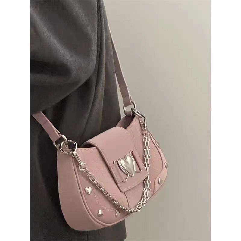 JIAERDI Hot Grils Y2k Handbag Women Vintage Sweet Cool Heart Chain Pink Underarm Bag Female Fairycore Aesthetic Shoulder Bag New