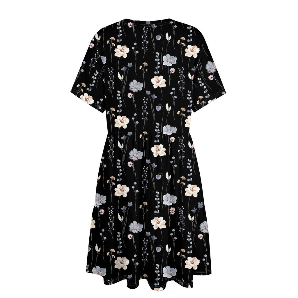 Dámské neformální módní šaty Midi s kulatým výstřihem a krátkým rukávem s potiskem a kapsou