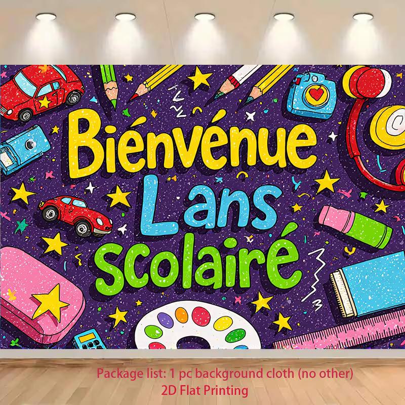 

2D Classroom Welcome Backdrop, Doodle Style School Supplies & Bienvenue Text Background 47.2x31.5inch/120*80cm