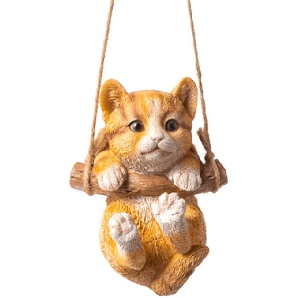 Resin Cute Swing Small Cat Sculpture Outdoor Garden Home Office Room Hanging Decor Statue Figurine Pet Ornament Decoration with String (Gray)