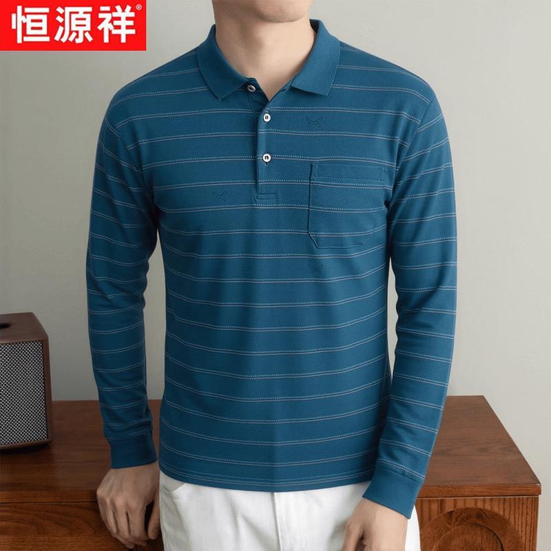 Hengyuanxiang Men's Casual Striped Long-Sleeve Polo T-Shirt with Pocket