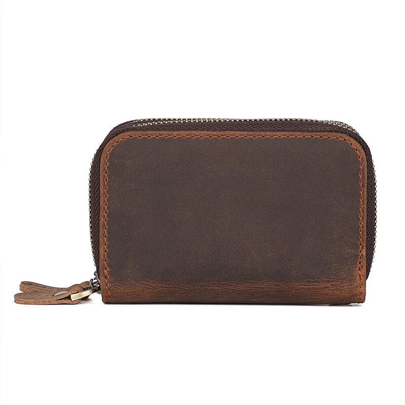 Double Zipper Crazy Horse Leather Retro Card Case First Layer Cowhide Coin Purse Car Key Keychain Holder with Hand Strap