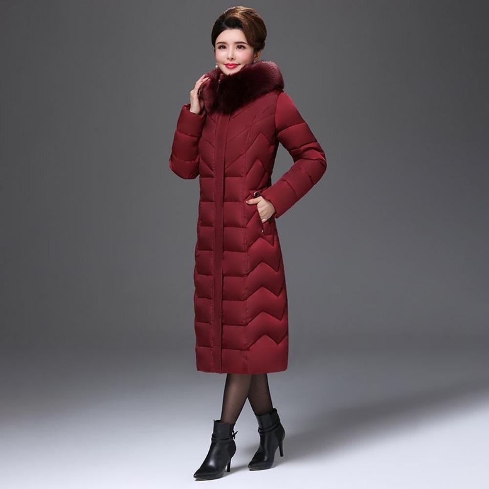 Vinter medellång dunjacka över knäet, plusstorlek, förtjockad kappa för medelålders och äldre mödrar