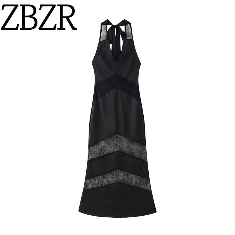 Za Autumn New Women's Clothing Fashion Style Lace Stitched Backless V Neck Hanging Collar Ribbon Dress Dress