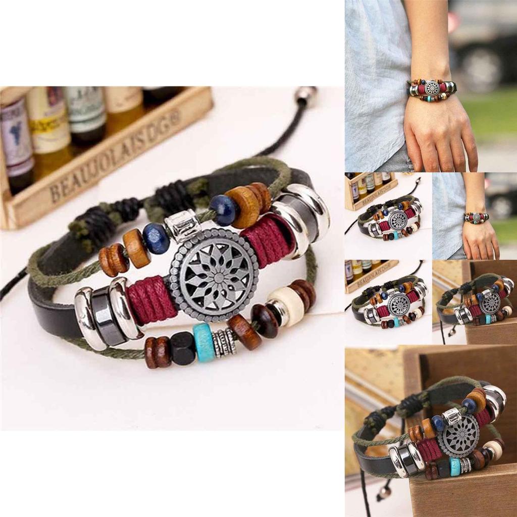 Vintage Handmade Pu Leather Bracelet With Creative Beads For Unisex Style And Elegance