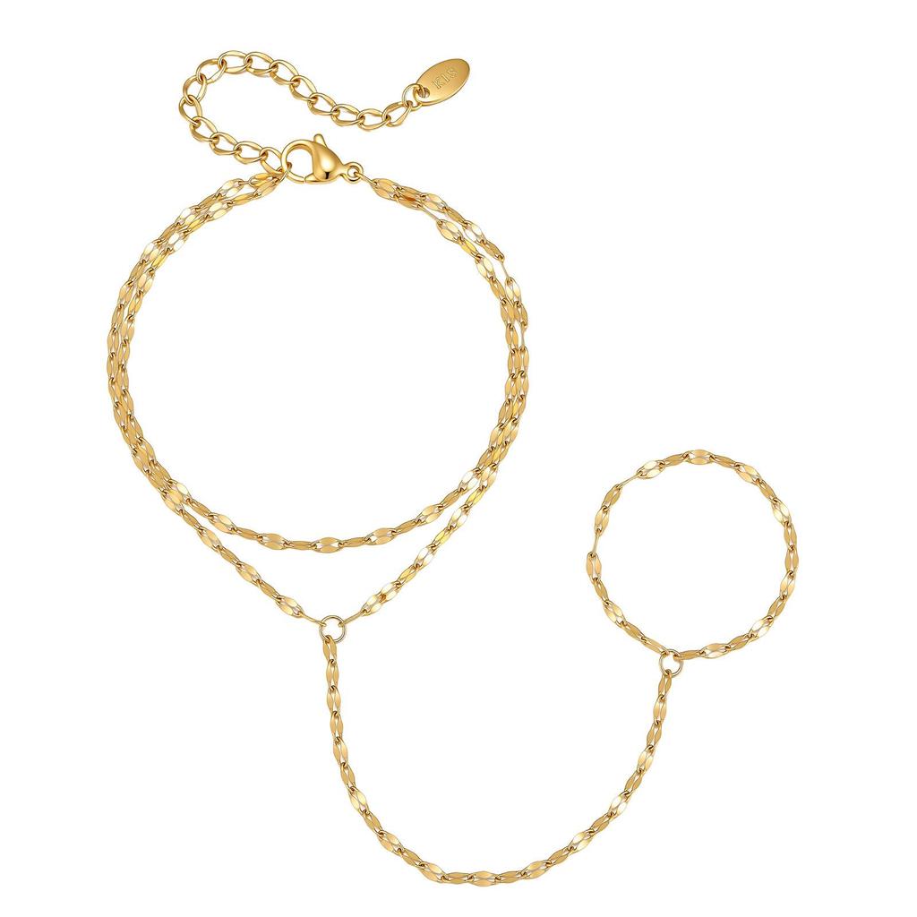 Women's Gold Stainless Steel Double Layer Lip & Finger Chain Ring Jewelry