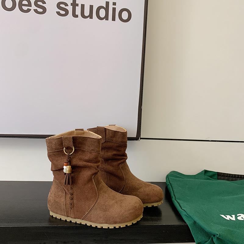 

Vintage Birkenstock short boots women s 2025 autumn and winter round head inner heightening pleated soft-soled stacking boots short western Martin 40