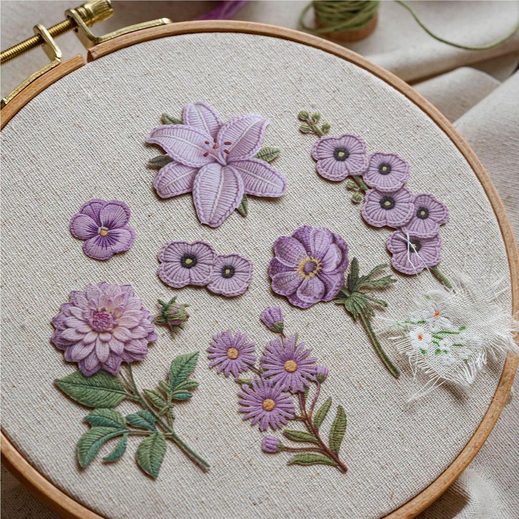 Sugar Poetry Floral Fabric Stickers: Retro Plant Embroidery, DIY Journal & Scenery Collage Pack.