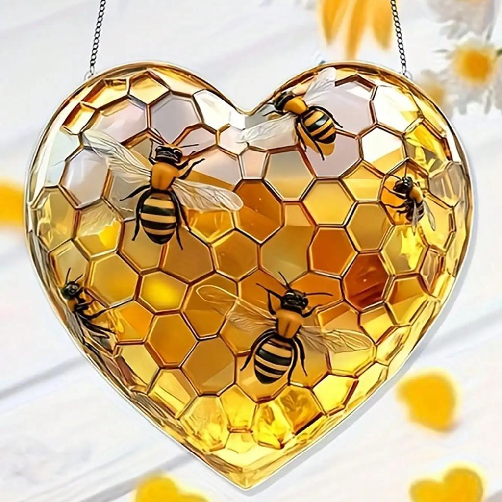 Cattura sole a forma di cuore a nido d'ape e ape, regalo unico da donna, regalo per appassionati di api, decorazione per la casa rurale, arte da parete,