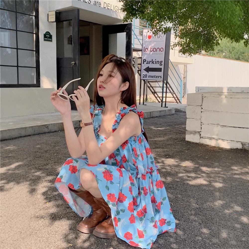 Sanya Vacation Fungus Edge Floral Suspender Dress Women Loose and Thin Tube Top Doll Skirt Beach Skirt