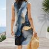 Women Plus Size Sleeveless V Neck Tank Dress Teal Blue Gold Marble Print